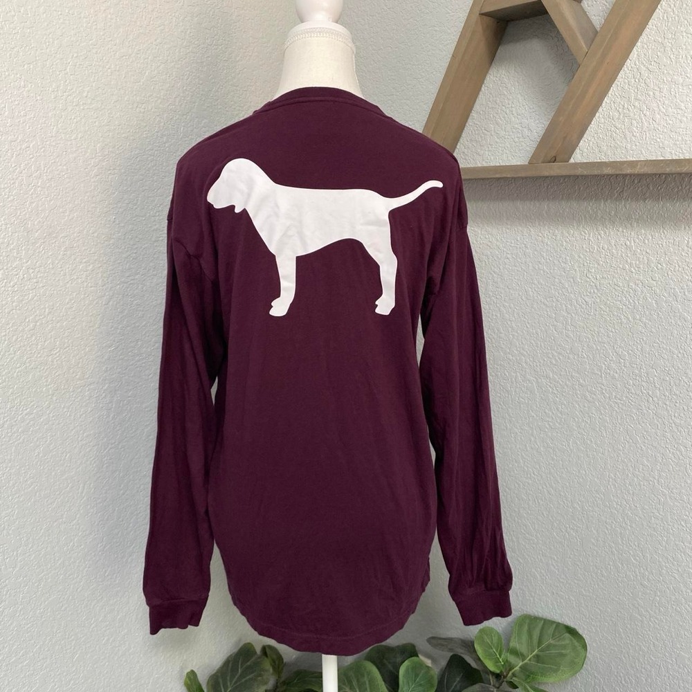 VS PINK BURGUNDY LONG SLEEVE WHITE DOG SILHOUETTE FRONT POCKET